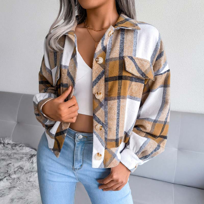 ModeGeist | Karierter Kurze Jacke mit Brusttaschen Polyester Karriert, Modern
