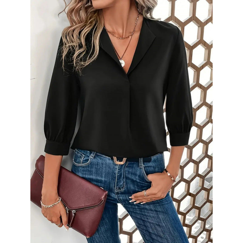 Damen Elegante Viskosebluse mit 3/4-Ärmeln und V-Ausschnitt ModeGeist