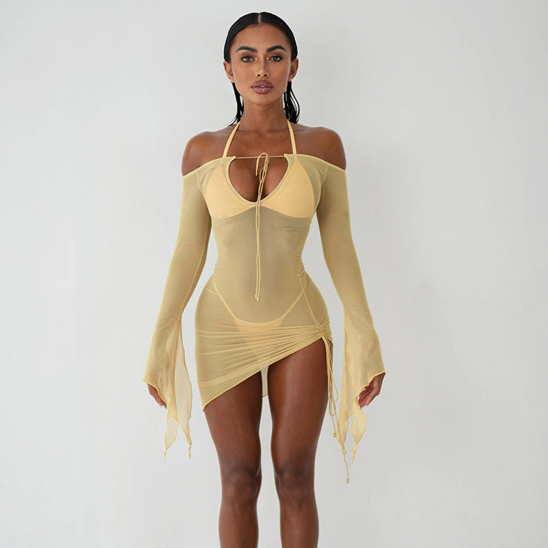 Damen Elegantes Badeanzug-Tunika mit Schleifenverschluss und transparenten Ärmeln ModeGeist