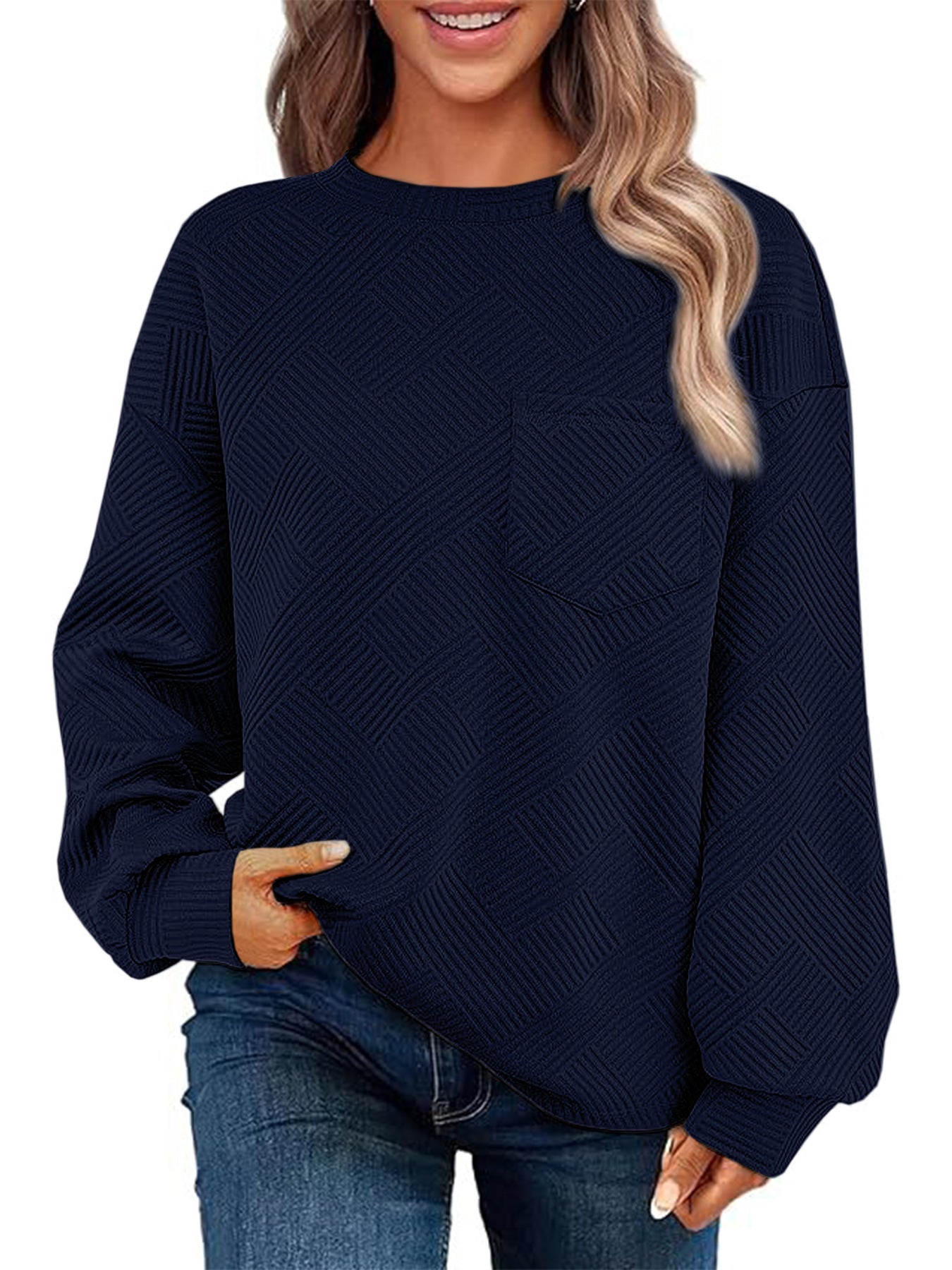 Damen Lässiger Pullover mit strukturiertem Muster und praktischen Taschen ModeGeist