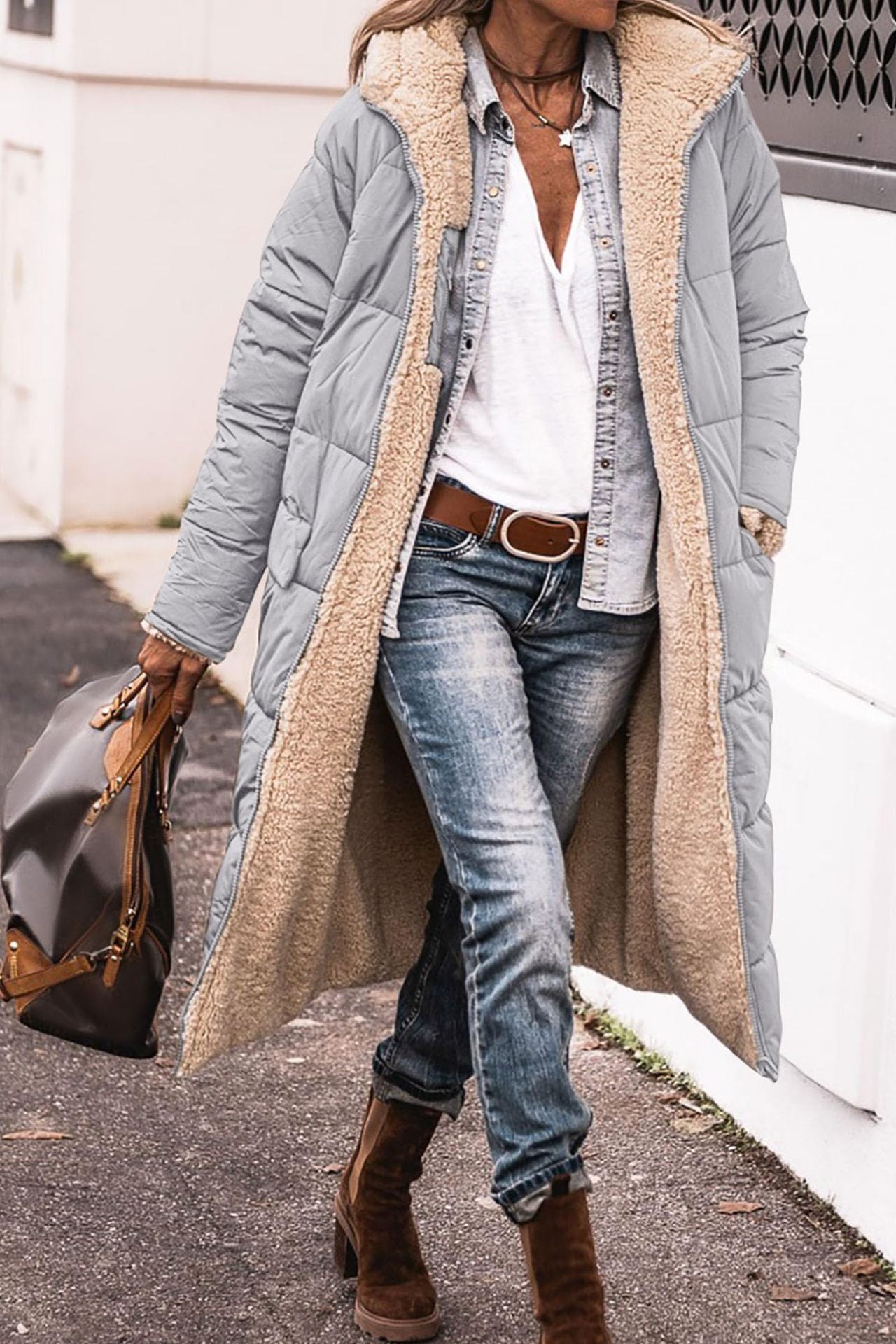 Damen gefütterte Langjacke mit Teddyfell-Innenfutter ModeGeist