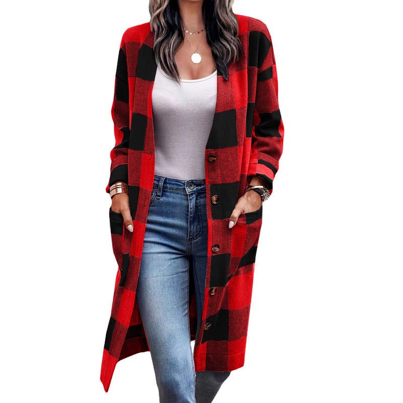 Damen Längerer Karokartenjacke mit Taschen ModeGeist