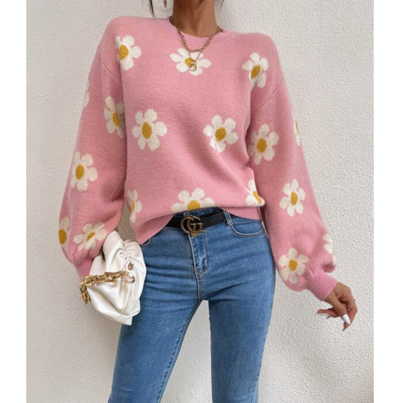 Damen Pullover mit floralem Muster und voluminösen Ärmeln ModeGeist