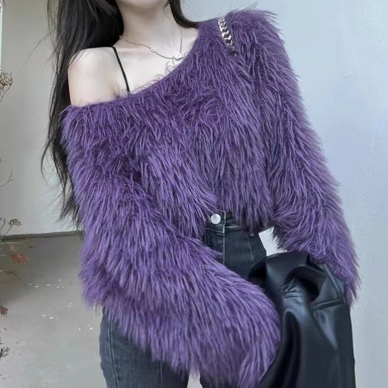 Damen Flauschiger Off-Shoulder-Pullover mit langen Ärmeln ModeGeist