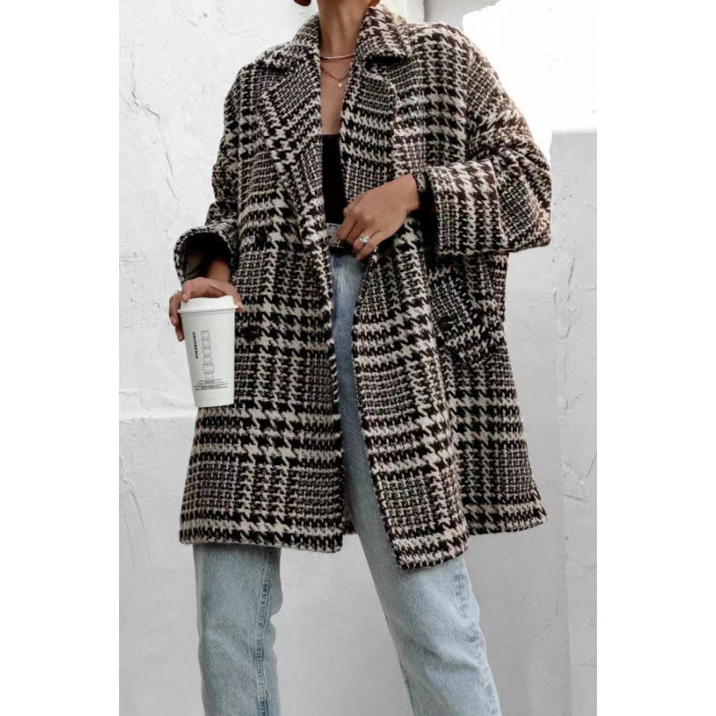 Damen Oversized Wollmantel mit Karomuster und hoher Kragenführung ModeGeist