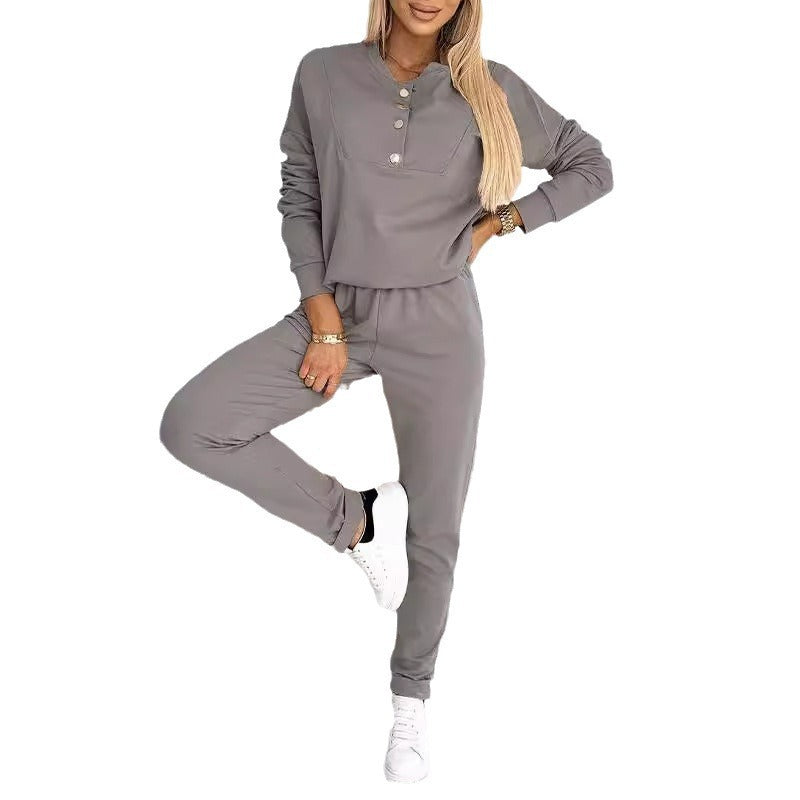 Damen Freizeitanzug mit modischen Knopfdetails und elastischem Bund ModeGeist