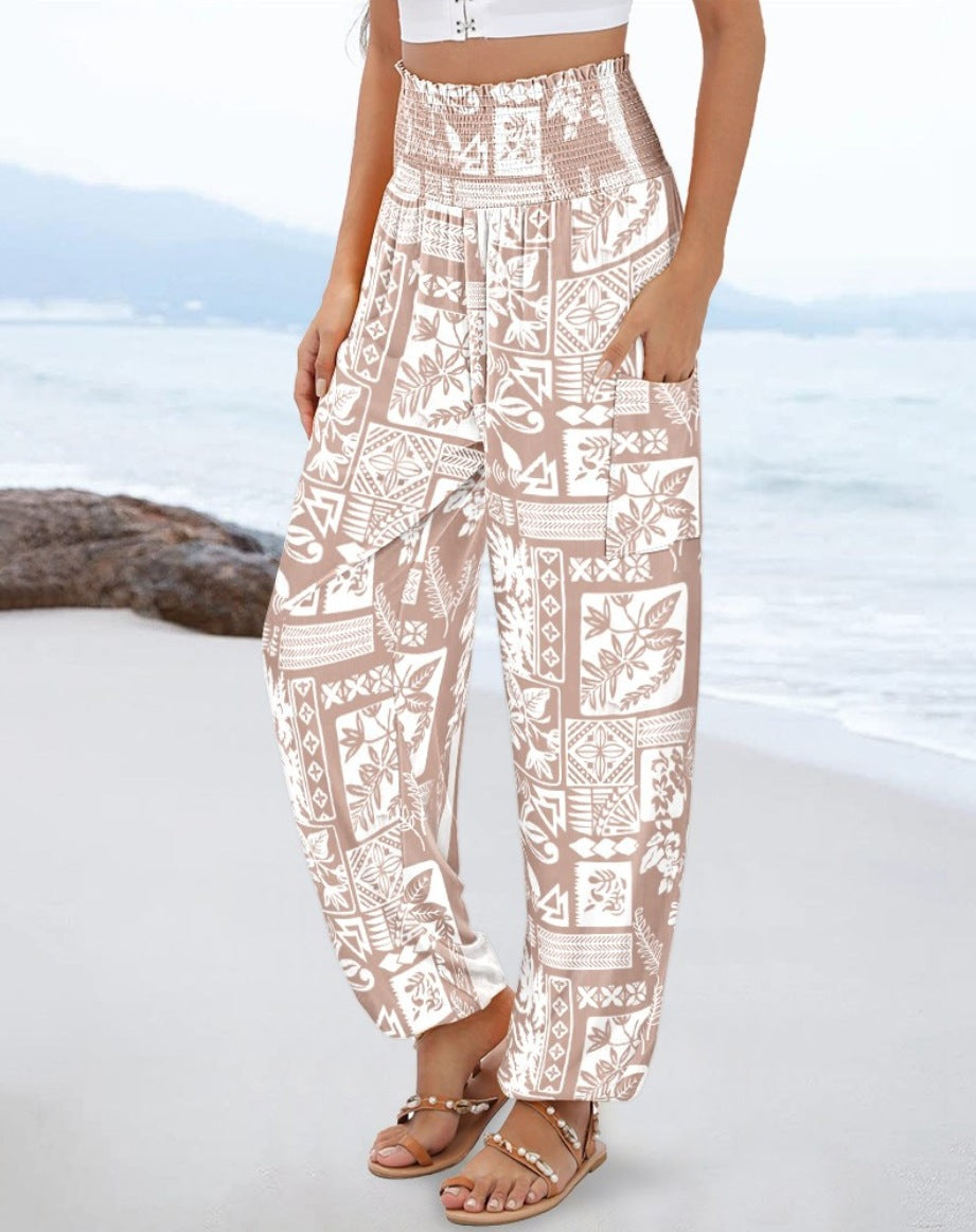 Elegante, bequeme Damen-Strandhose mit elastischem Bund und Paisley-Muster von MODEGEIST