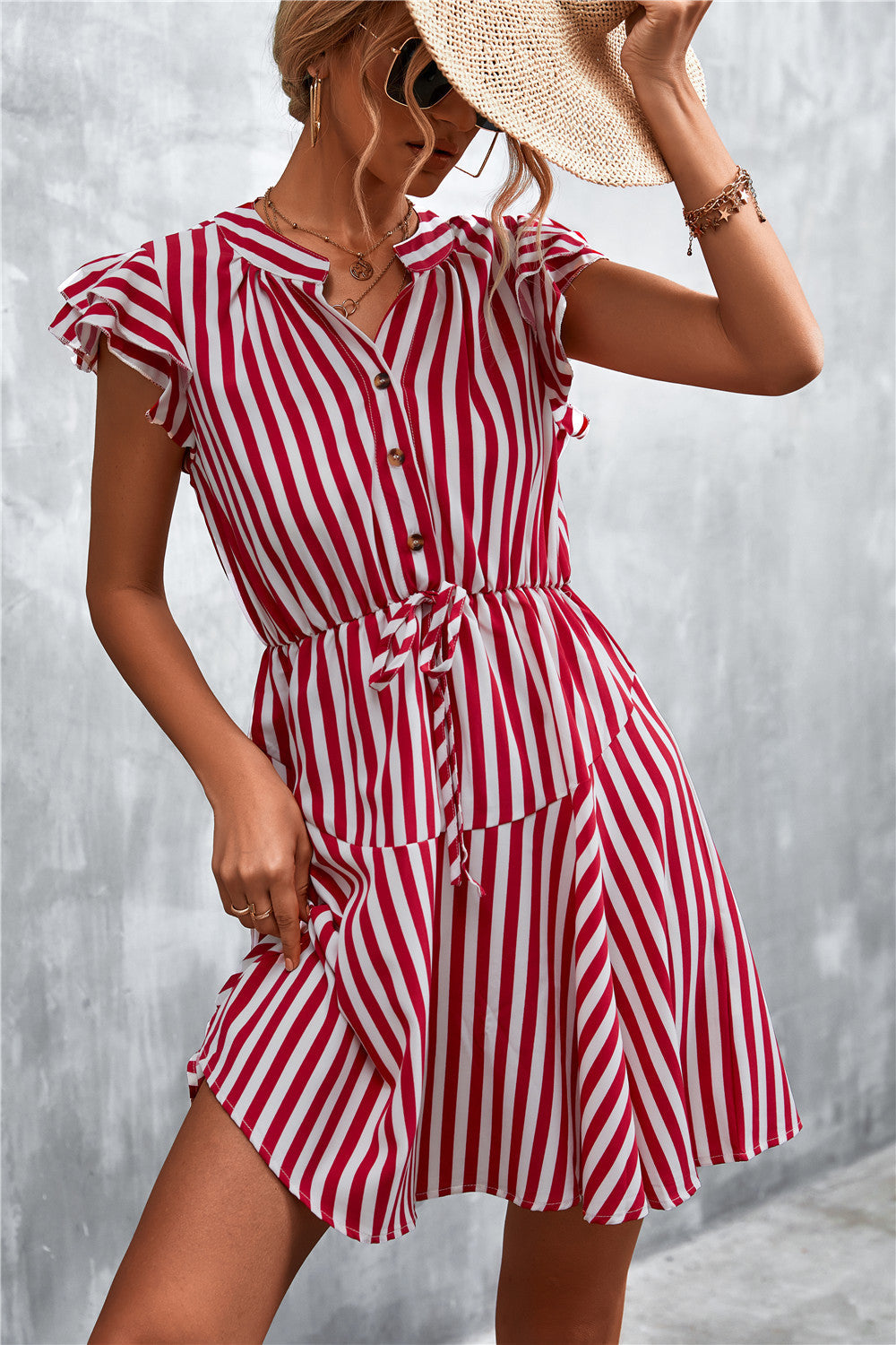 Damen Kurzarm-Kleid im angesagten Streifenlook mit Taillenzug und eleganten Rüschendetails ModeGeist