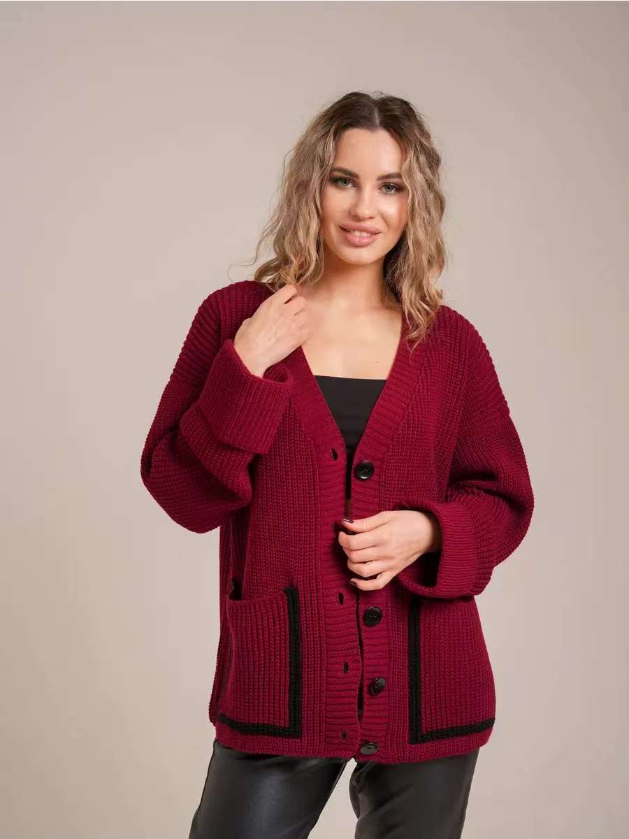 Damen Strickjacke mit großem Kragen und Taschen ModeGeist