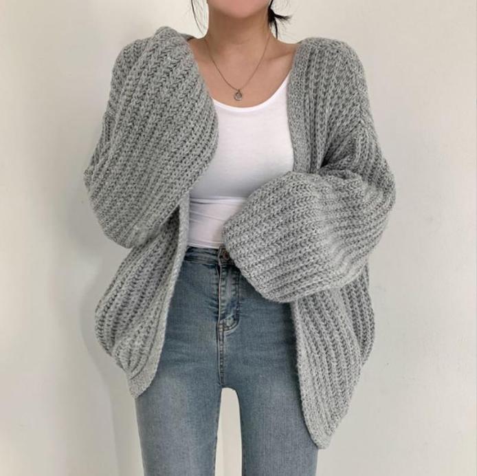 Damen grob gestrickte Oversized Cardigan mit tiefem V-Ausschnitt ModeGeist