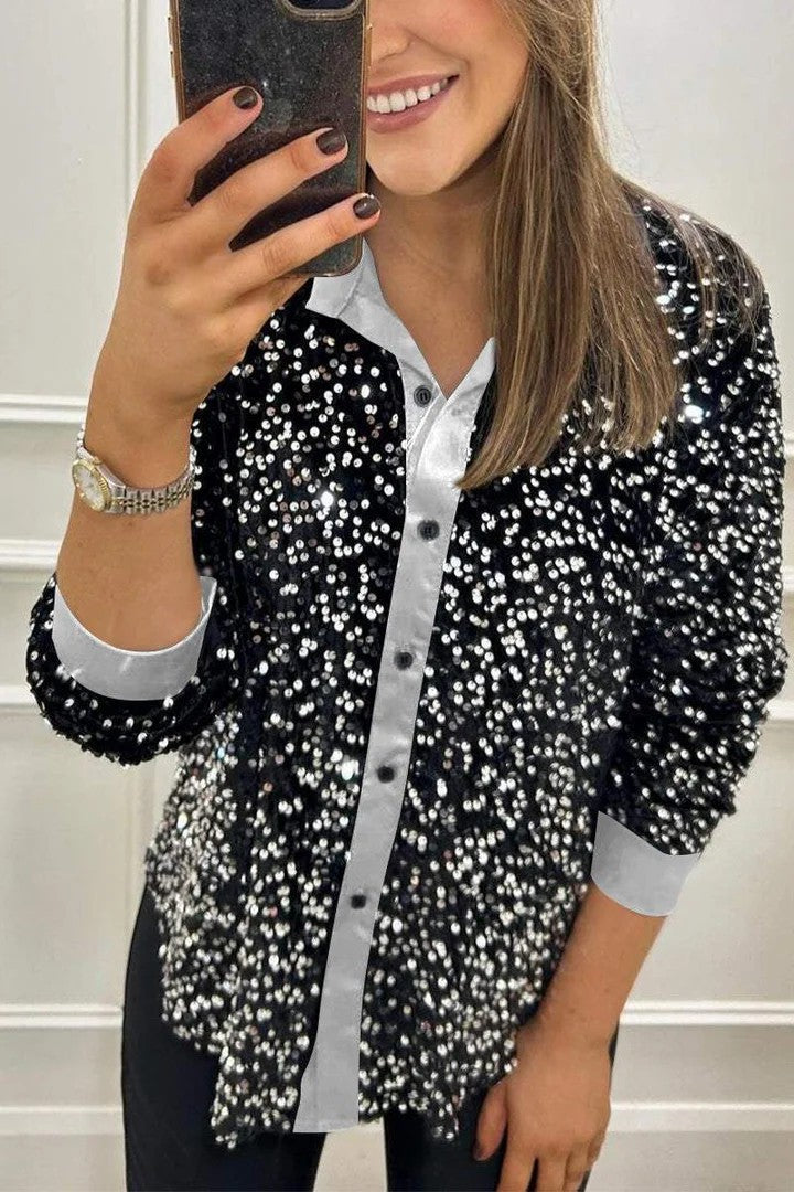 Damen Glitzernde Bluse aus Pailletten mit klassischem Kragen ModeGeist