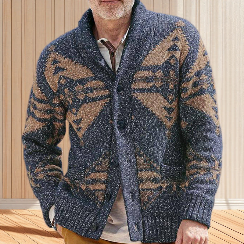 Herren Strickjacke mit einzigartigem geometrischen Muster und tiefem Kragen ModeGeist