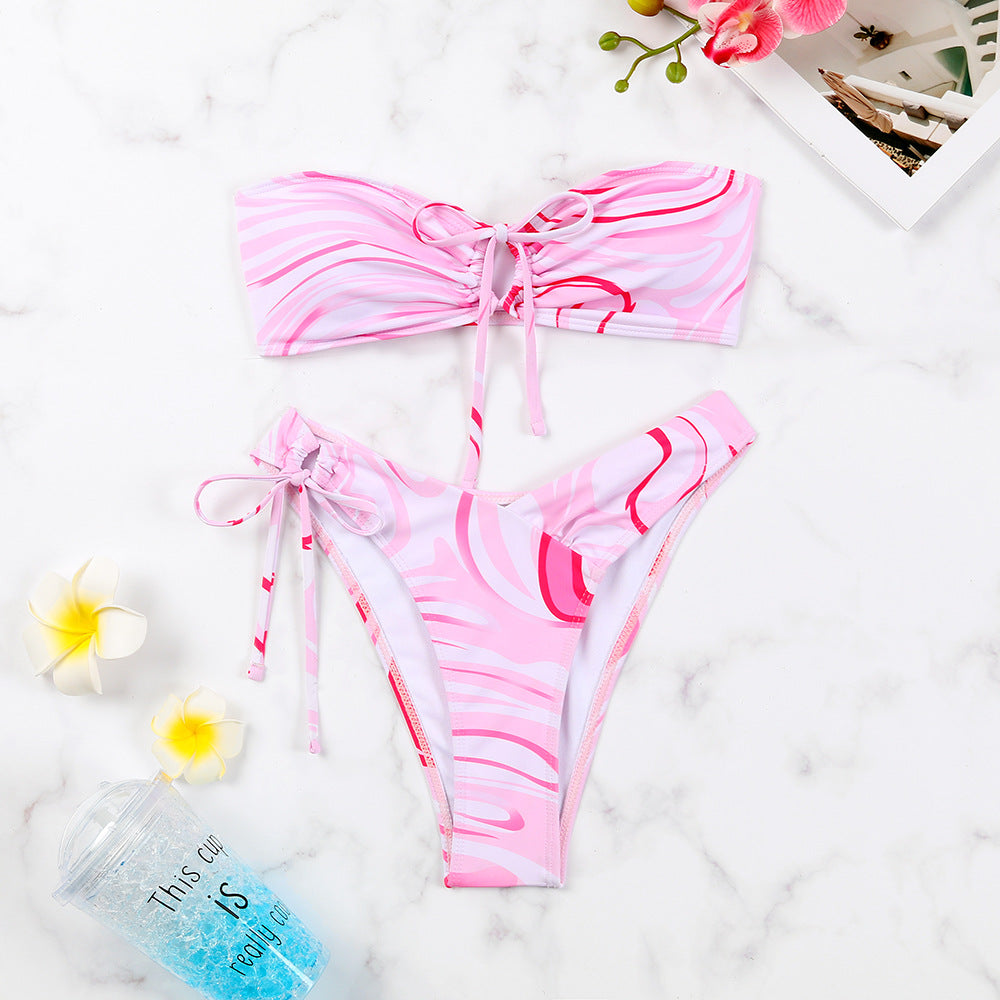 Modischer Damen-Bikini mit Blumenmuster, Bandeau-Oberteil