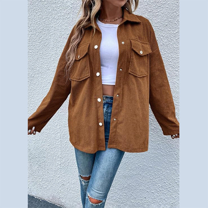 Damen Bequeme Waffel-Design Bluse mit Taschen ModeGeist