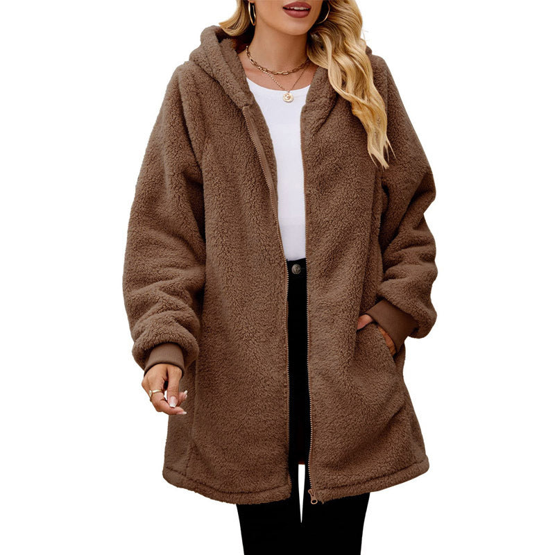 Damen kuschelige Fleecejacke mit Kapuze und seitlichen Eingrifftaschen ModeGeist