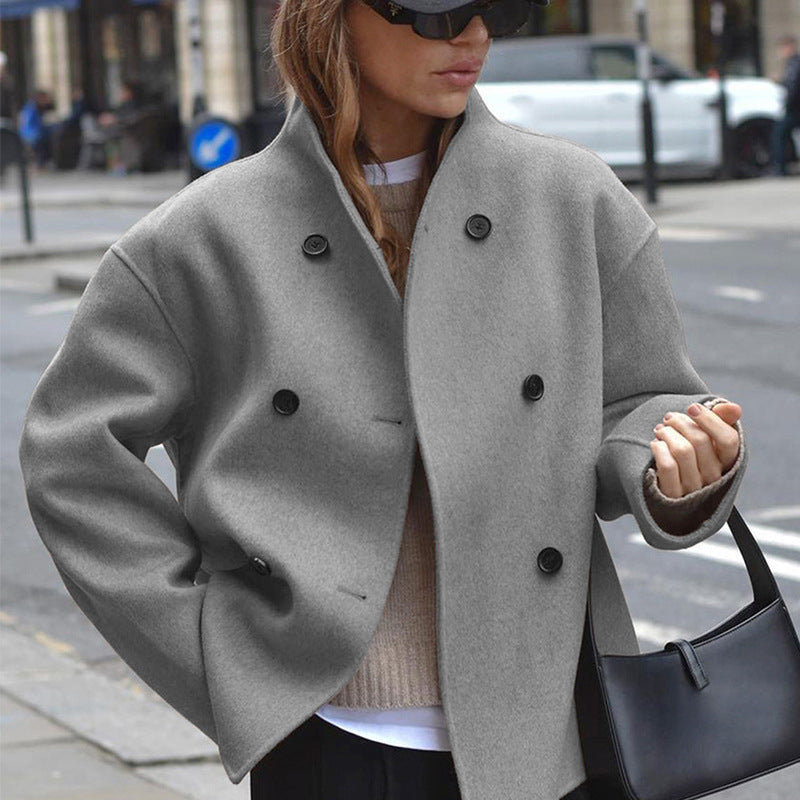 Damen modische Wolljacke mit doppelter Knopfleiste und hohen Kragen ModeGeist