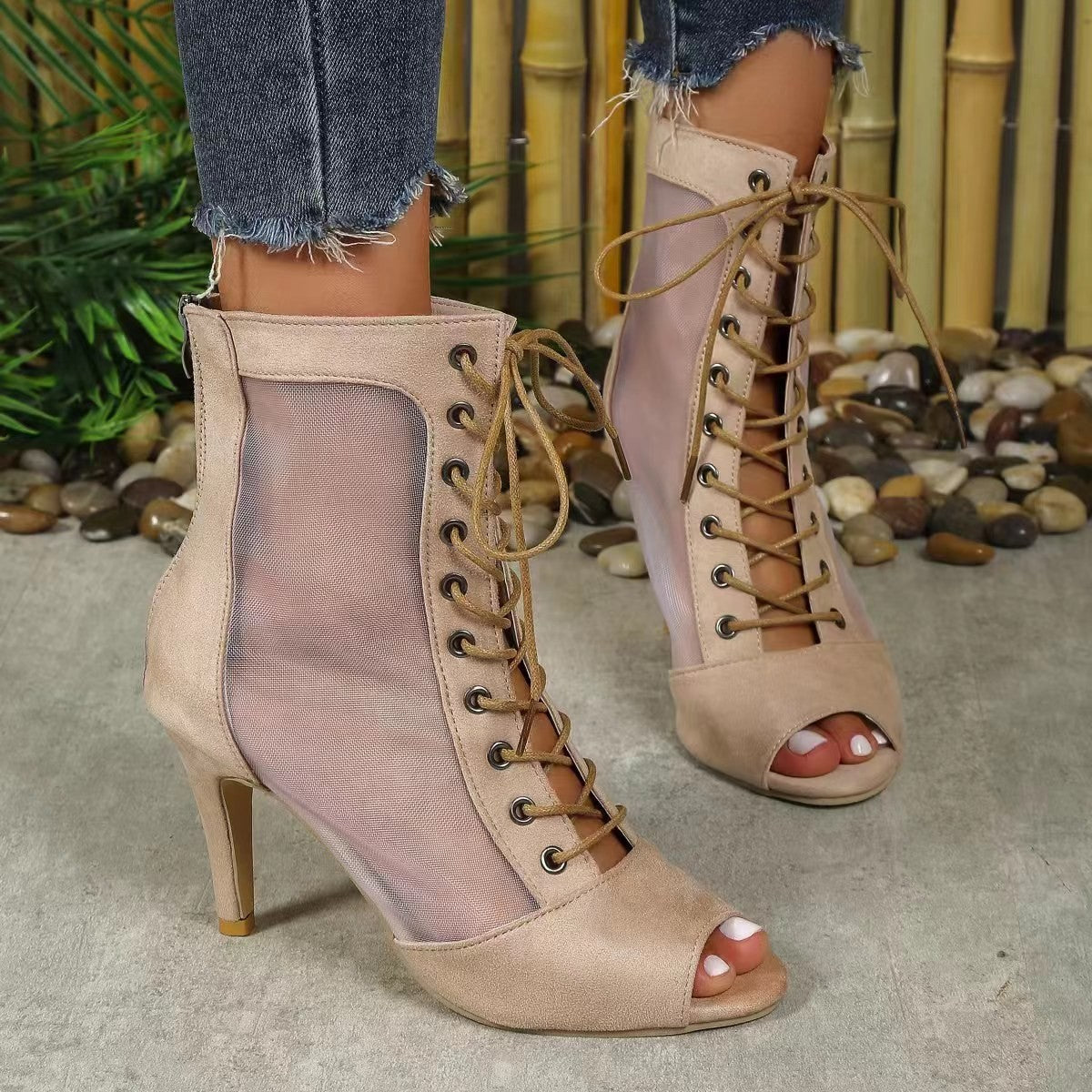 Damen Halboffene High Heel Stiefel mit transparentem Seiteneinsatz und Schnürung ModeGeist