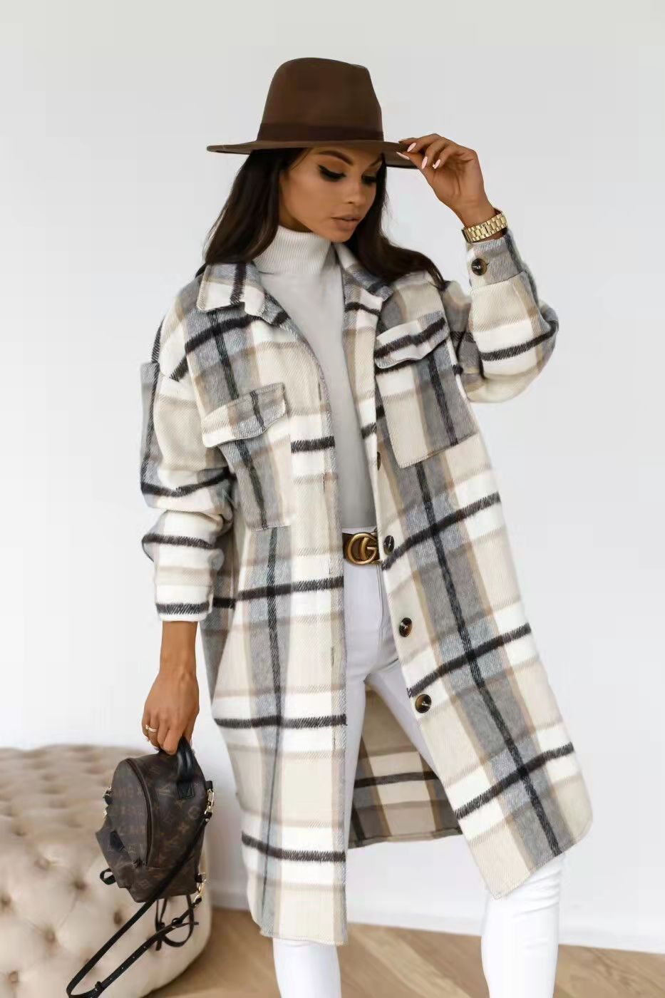 Damen Karierter Oversized-Hemd-Mantel mit praktischen Taschen ModeGeist