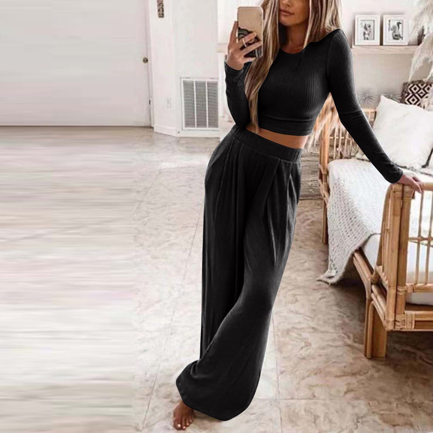 Damen Elegantes Lounge-Set mit langärmeligem Oberteil und weiten Hosen ModeGeist