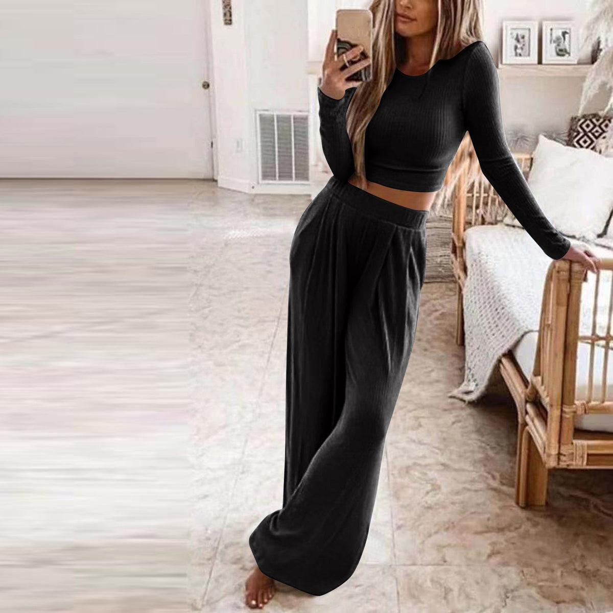 Damen Elegantes Lounge-Set mit langärmeligem Oberteil und weiten Hosen ModeGeist