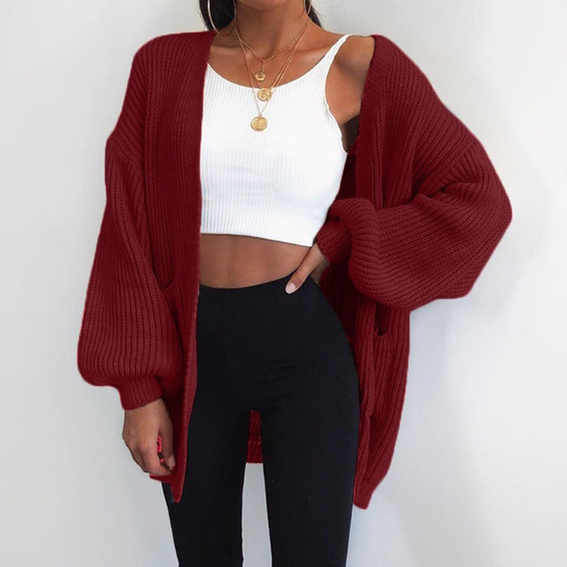 Damen Grobstrick-Cardigan mit weitem Schnitt und lässigen Puffärmeln ModeGeist