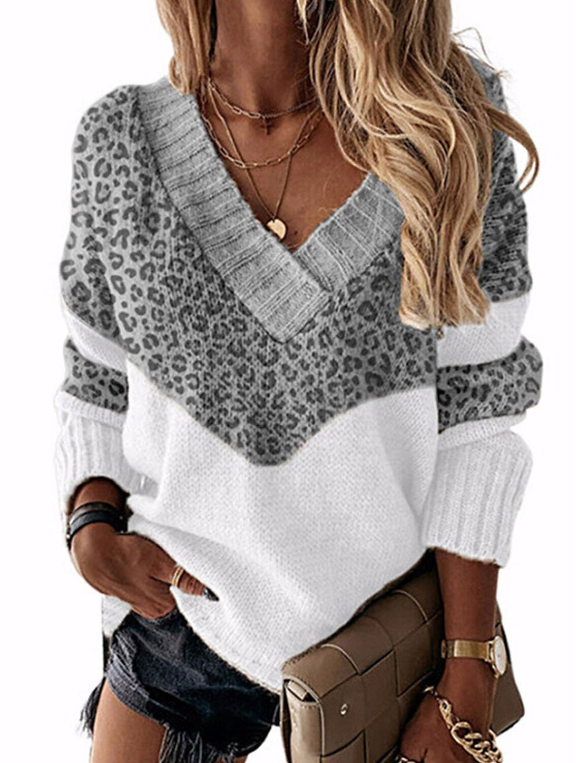 Damen modischer V-Ausschnitt Pullover mit Leopardenmuster ModeGeist