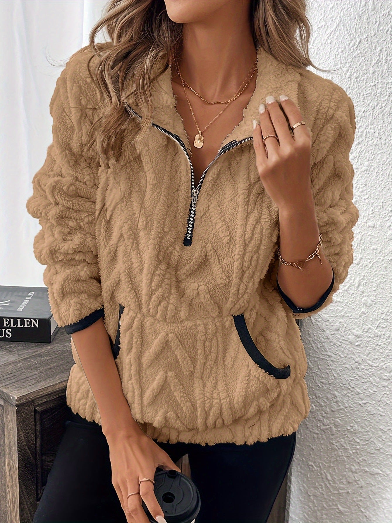 Damen weicher und bequemer Fleece-Pullover mit halbem Reißverschluss ModeGeist