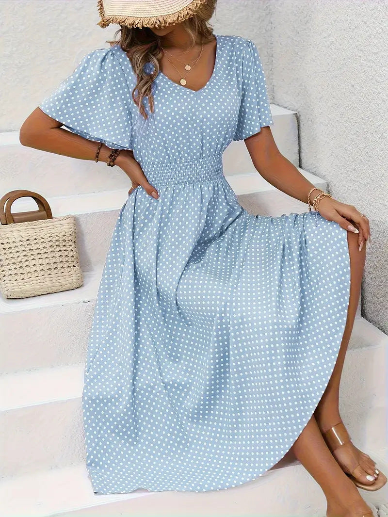 Modisches Damen-Maxikleid mit weitem Rock und V-Ausschnitt
