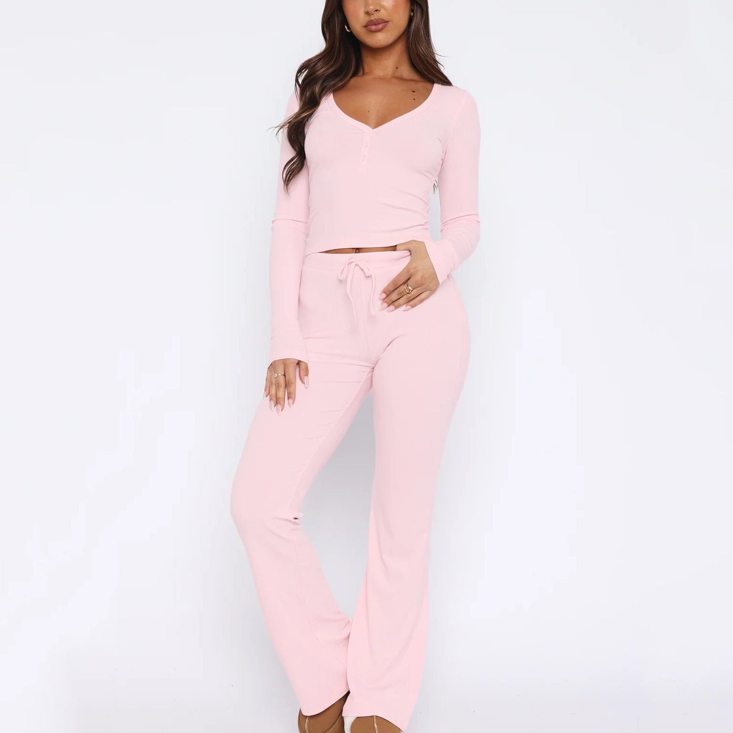 Damen gemütliches Lounge-Set mit langem Oberteil und flared Hose ModeGeist