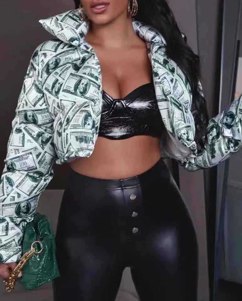 Damen modische cropped Steppjacke im Dollar-Design ModeGeist