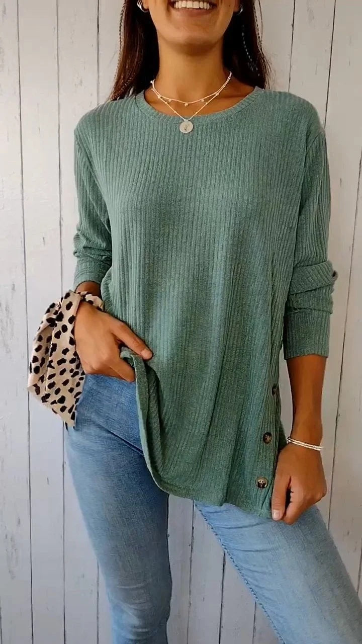 Fudus Damen Langarm-Shirt mit Rundhals, Rippstrick und Knöpfen