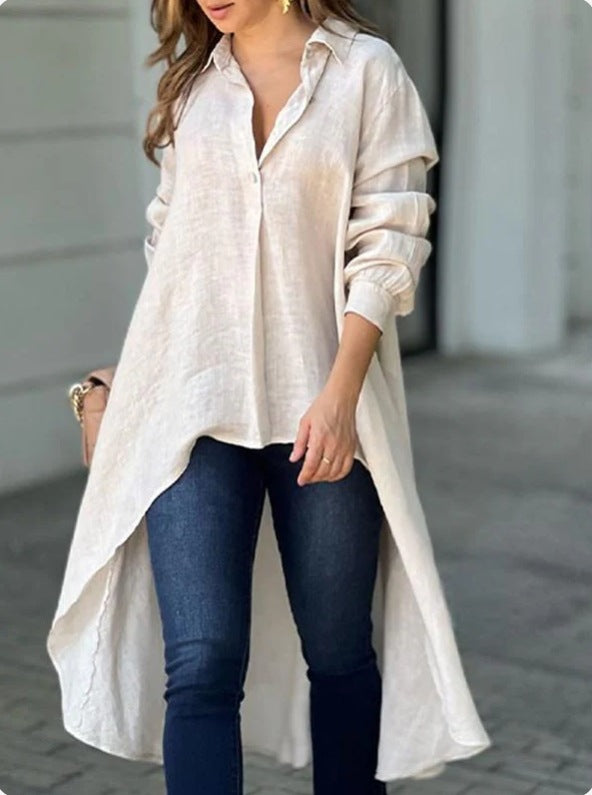 Damen Lässige Langarmbluse mit asymmetrischem Schnitt und Knopfdetails ModeGeist