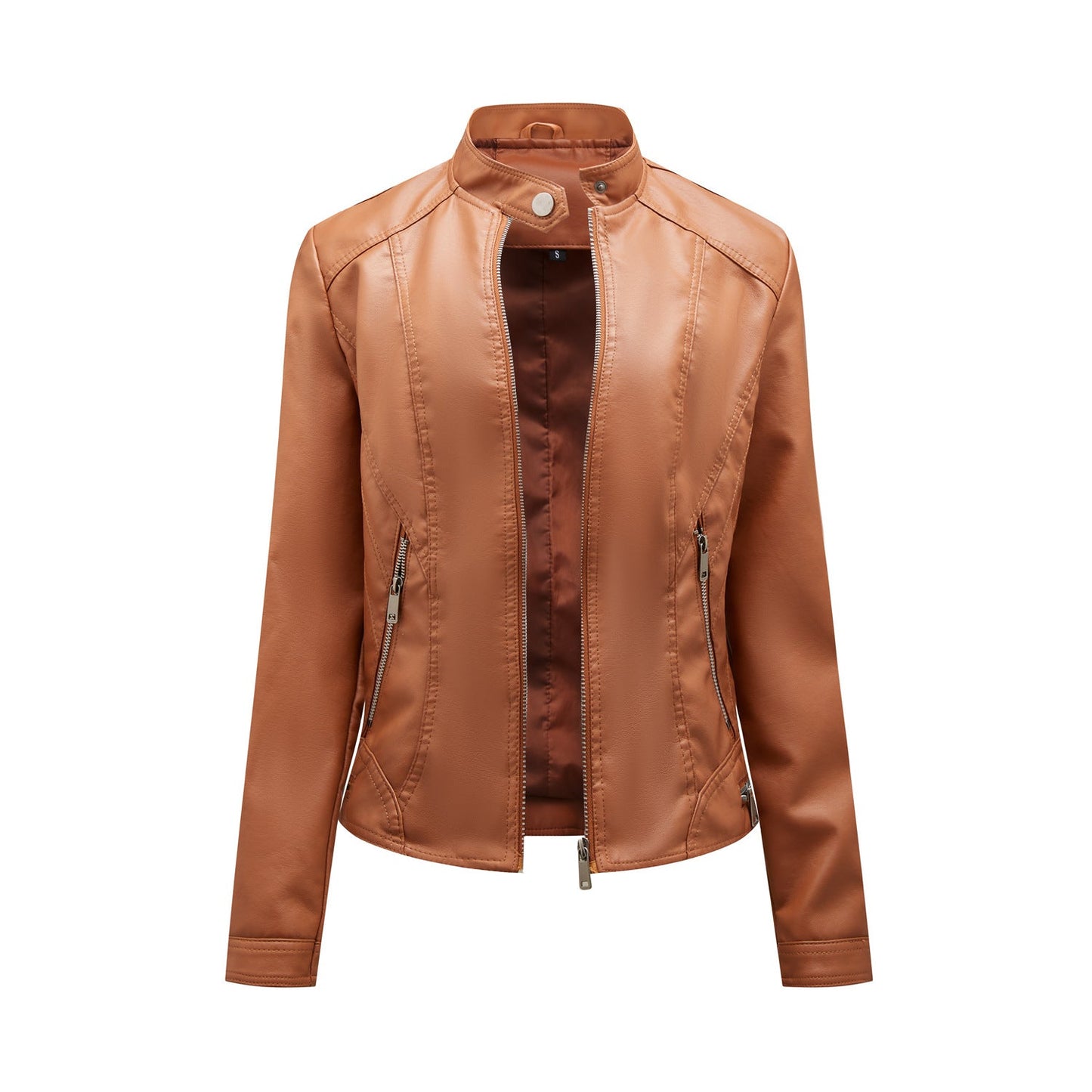 Damen modische Kunstlederjacke mit elegantem Stehkragen und praktischen Reißverschlusstaschen ModeGeist