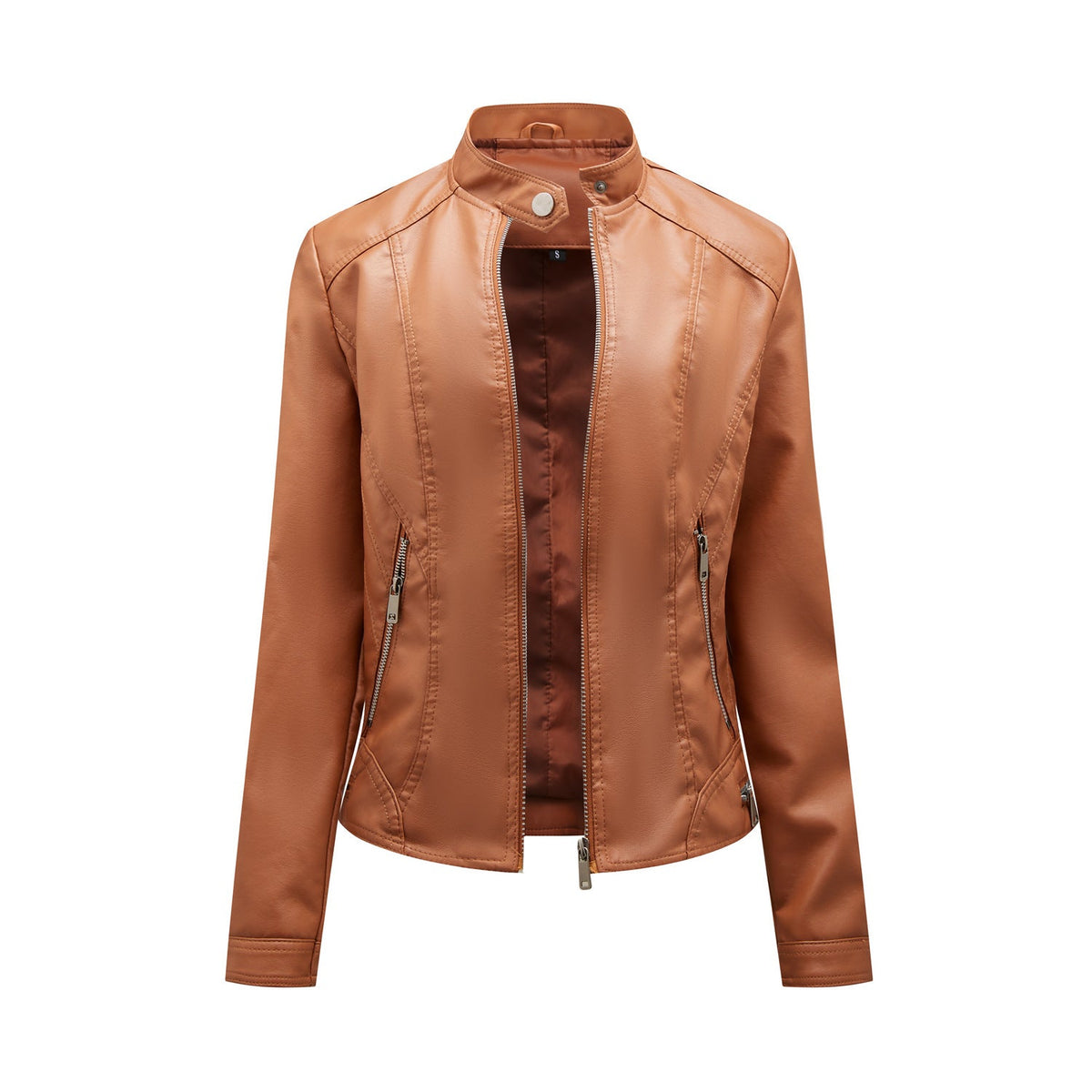 Damen modische Kunstlederjacke mit elegantem Stehkragen und praktischen Reißverschlusstaschen ModeGeist