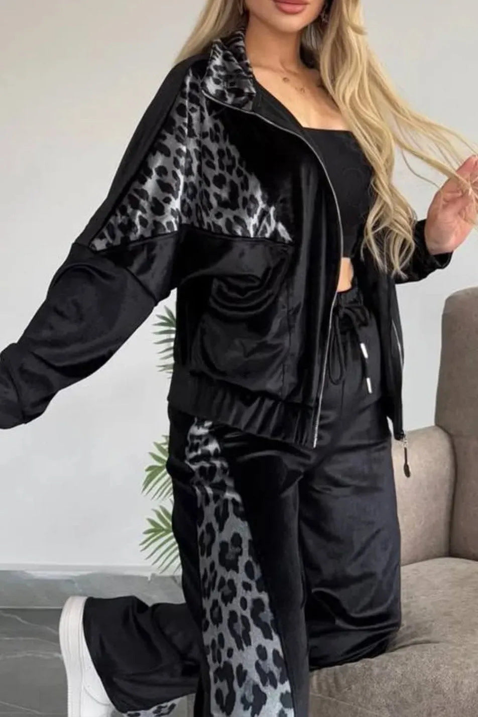 ModeGeist | Leopardenmuster Kontrast Langarmjacke und Weite Hosen Zweiteiler Satz
