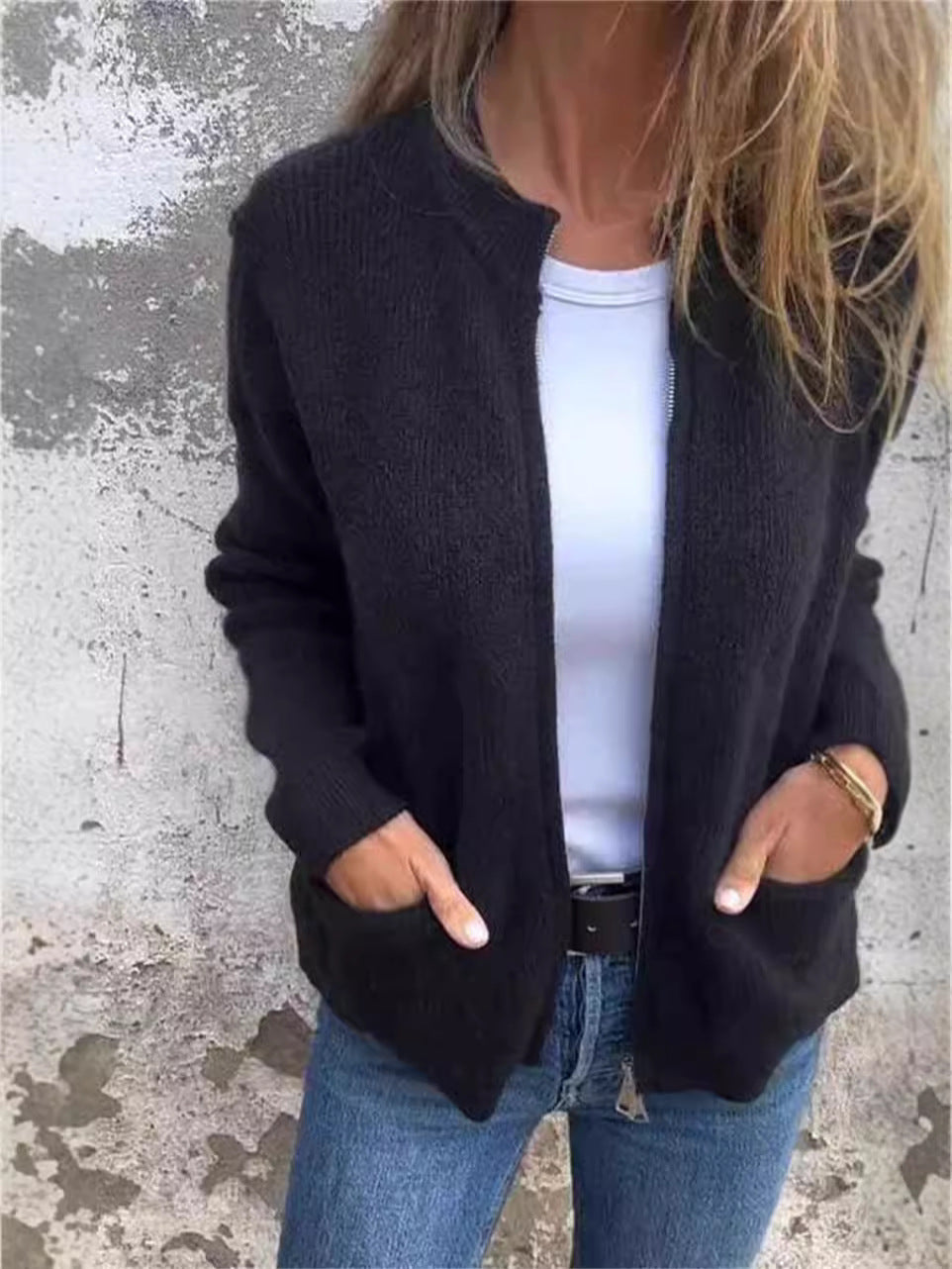 ModeGeist | Reißverschlussjacke - Lockere Passform - Rippstrick - Stehkragen - Lässige Taschen
