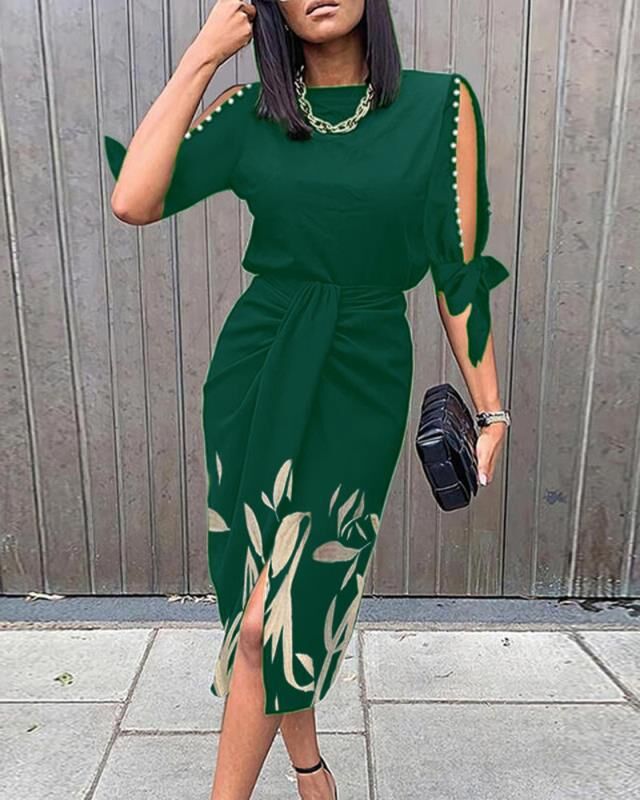 Damen Midikleid mit elegantem Bindegürtel und modischen Cut-Out-Ärmeln ModeGeist