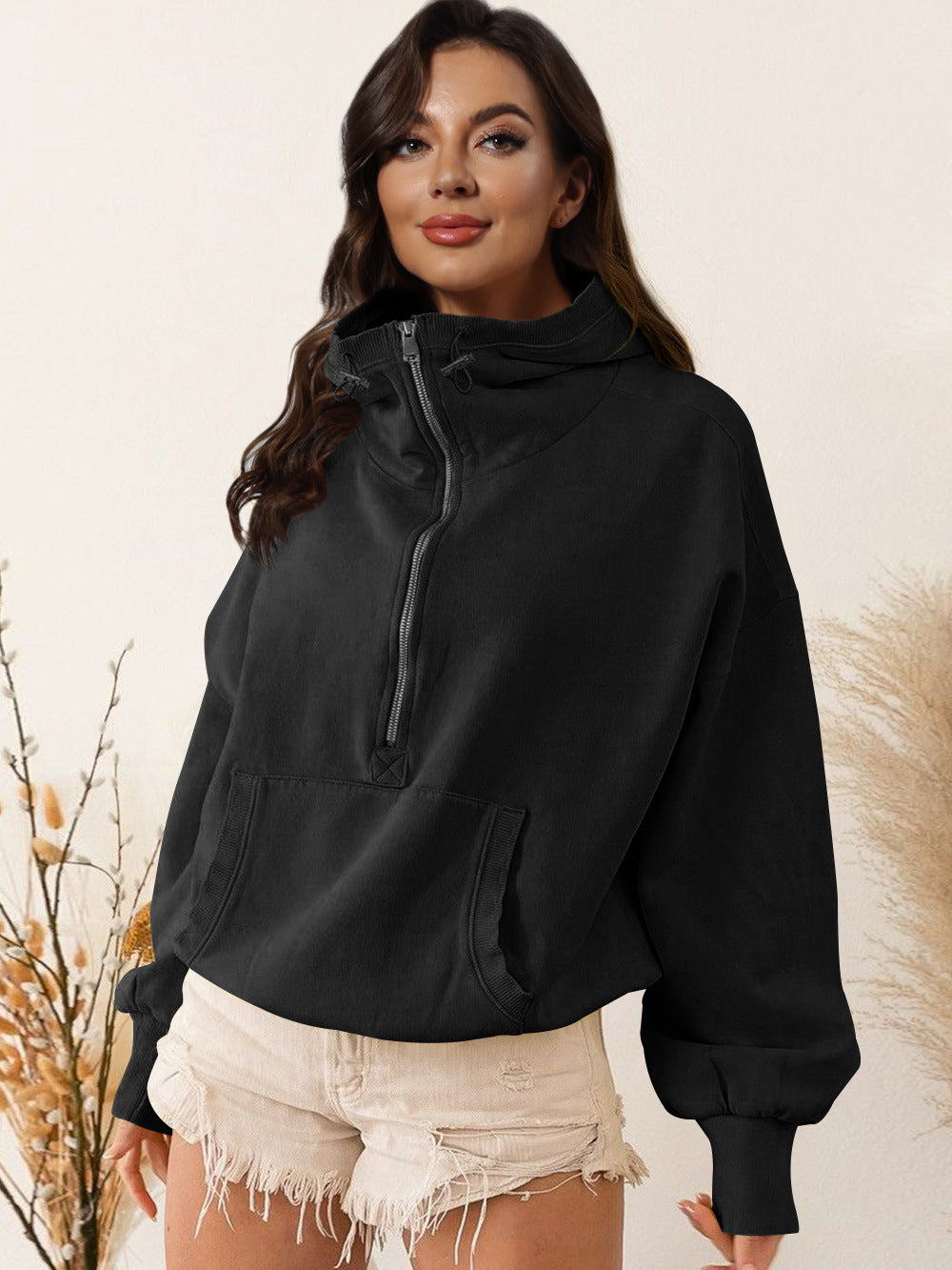Damen lässiger Kapuzensweater mit halbem Reißverschluss ModeGeist