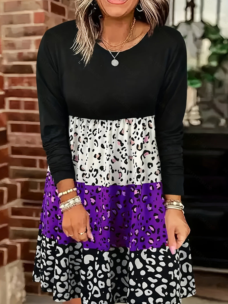 Modisches Damen-Freizeitkleid mit langen Ärmeln und farbenfrohen Tierprints