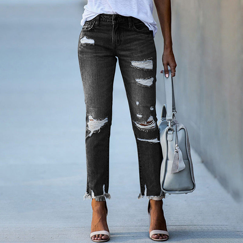 Modische Damen Jeans mit Fransen, hohem Bund & Destroyed-Look von MODEGEIST