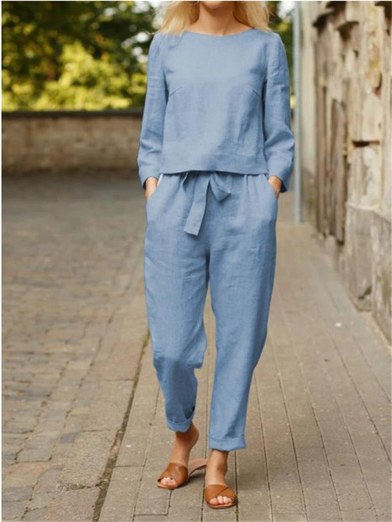 Damen Lässiges Zweiteiliges Leinen-Outfit mit breitem Bund ModeGeist