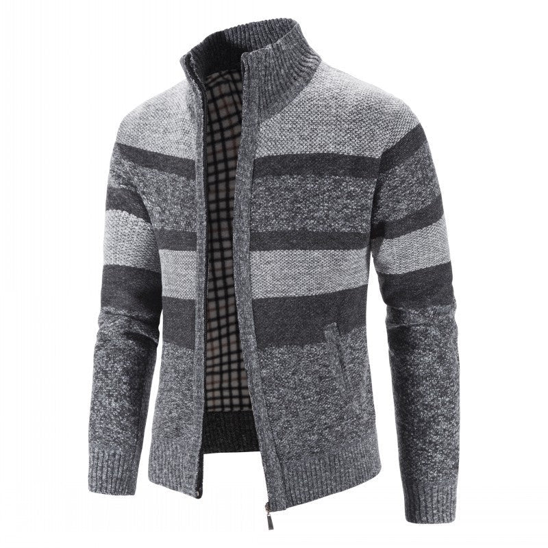Herren modischer Strickpullover mit durchgehendem Reißverschluss und gestreiftem Design ModeGeist