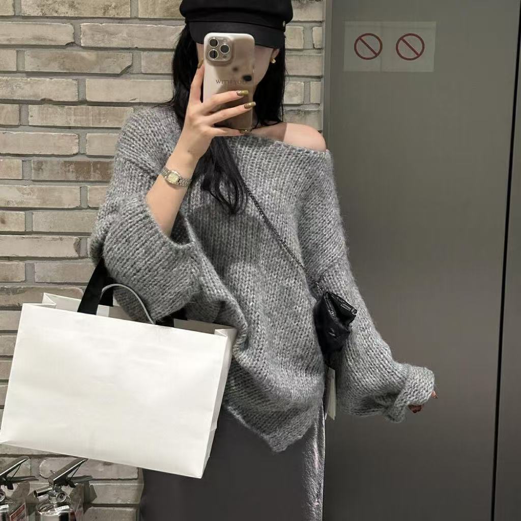 ModeGeist | Übergröße Pullover Grobstrick Off Shoulder Langarm Freizeitfit