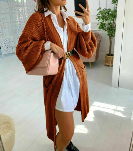 Damen Langer Strickmantel mit großzügigen Taschen ModeGeist