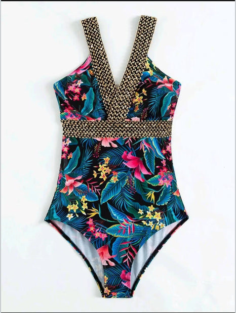 Modischer Damen-Badeanzug mit Blumenmuster und schicken Trägern von MODEGEIST