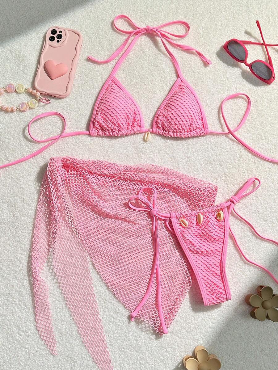 Modischer Damen-Bikini mit Dreiecks-Oberteil, Netz-Einsatz und verspielten Bindebändern