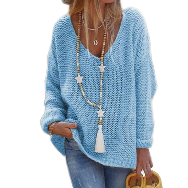 Damen Grobstrickpullover mit tiefem V-Ausschnitt und lässigem Schnitt ModeGeist