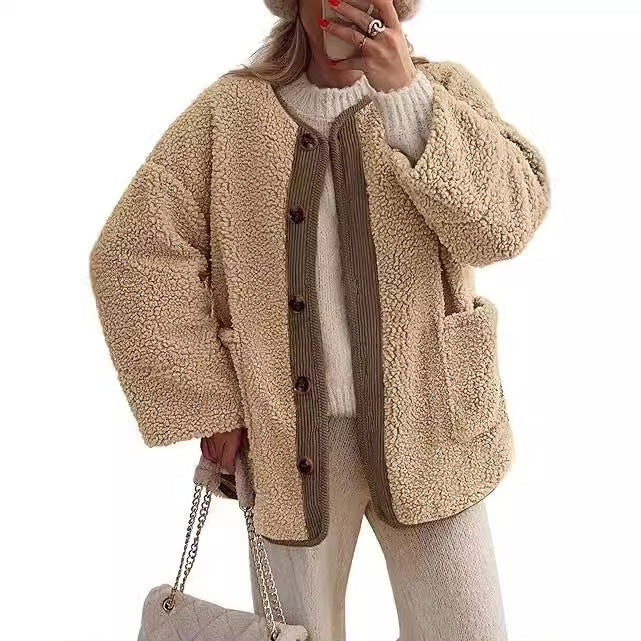 Damen kuschelige Teddyjacke mit farblich abgestimmtem Kragen ModeGeist