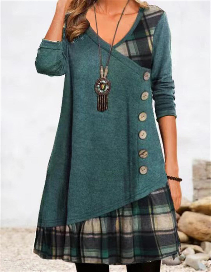 Damen asymmetrisches Freizeitkleid mit kariertem Saum und Knopfdetail ModeGeist