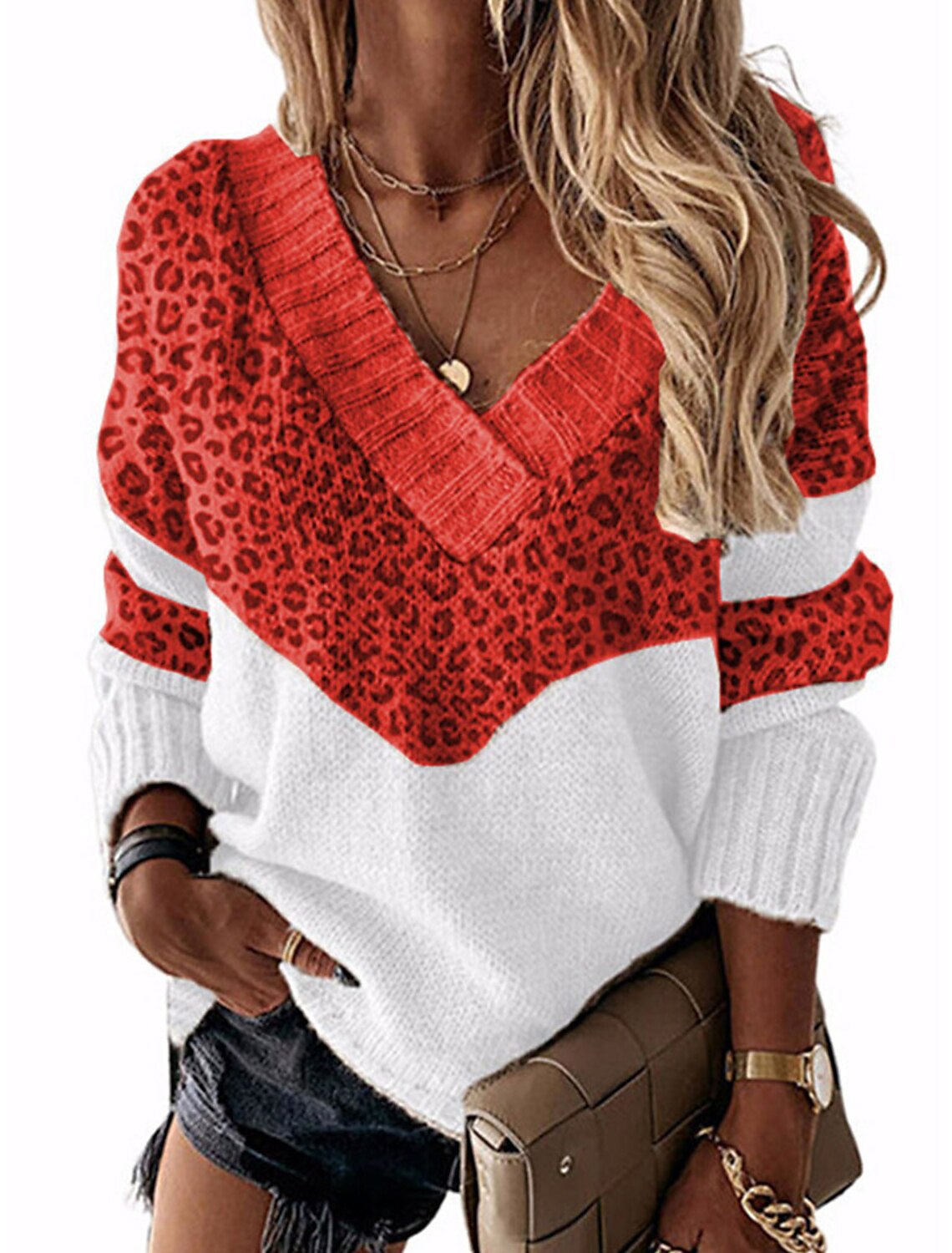 Damen modischer V-Ausschnitt Pullover mit Leopardenmuster ModeGeist